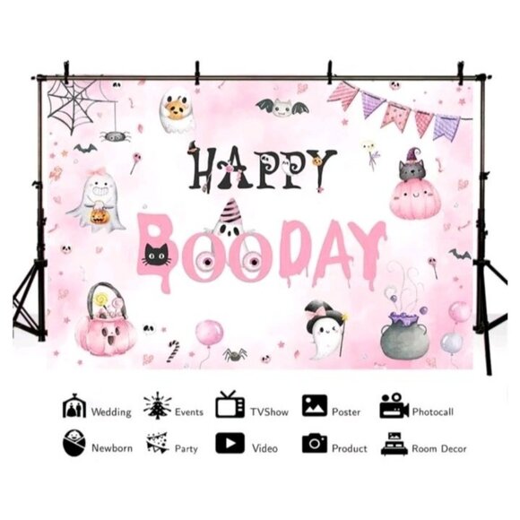 MEHOFOND Halloween Happy Birthday Backdrop for Girls Pink Happy Booday - Picture 6 of 8